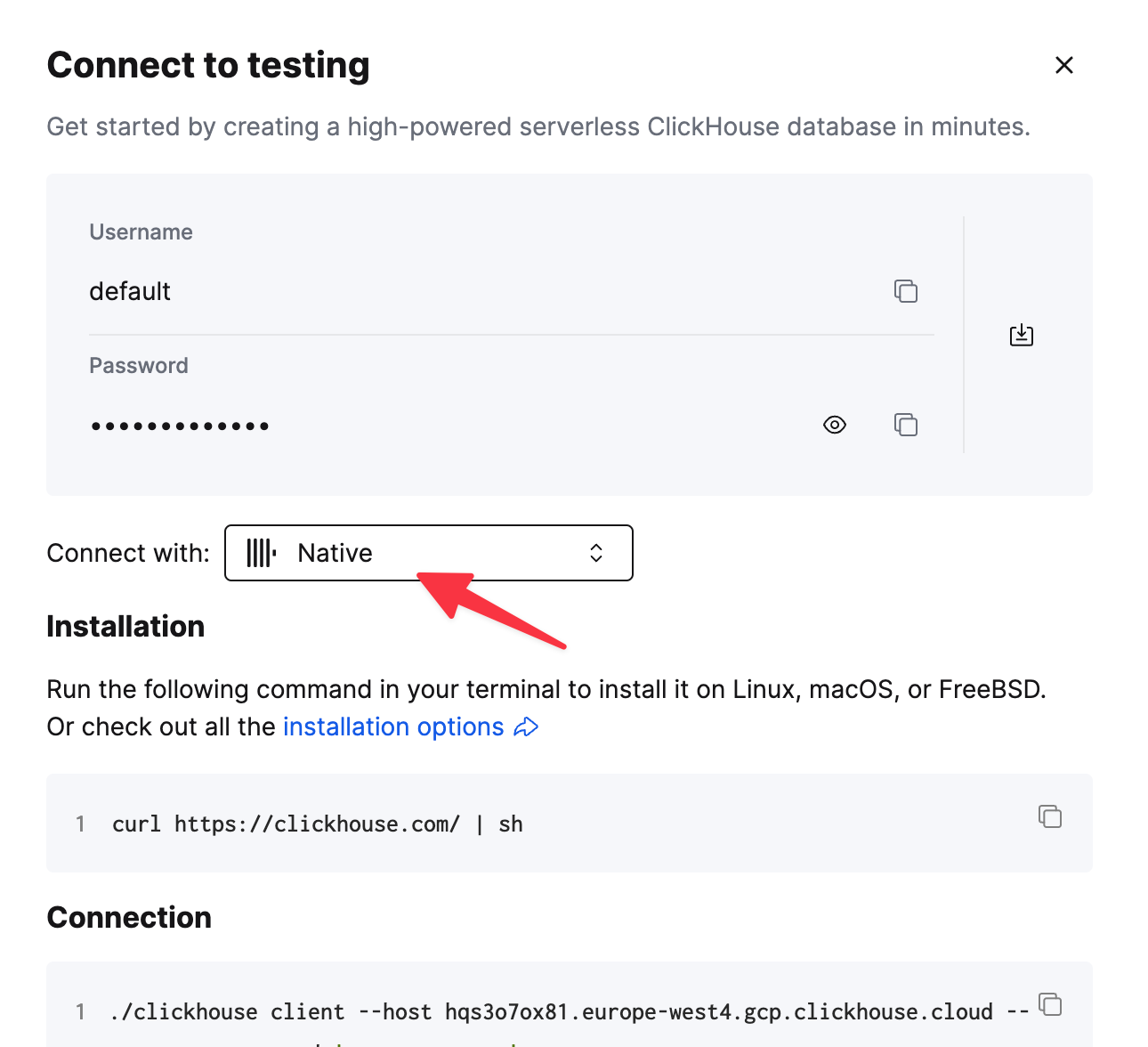 ClickHouse Cloud Native TCP connection details - Zoomed