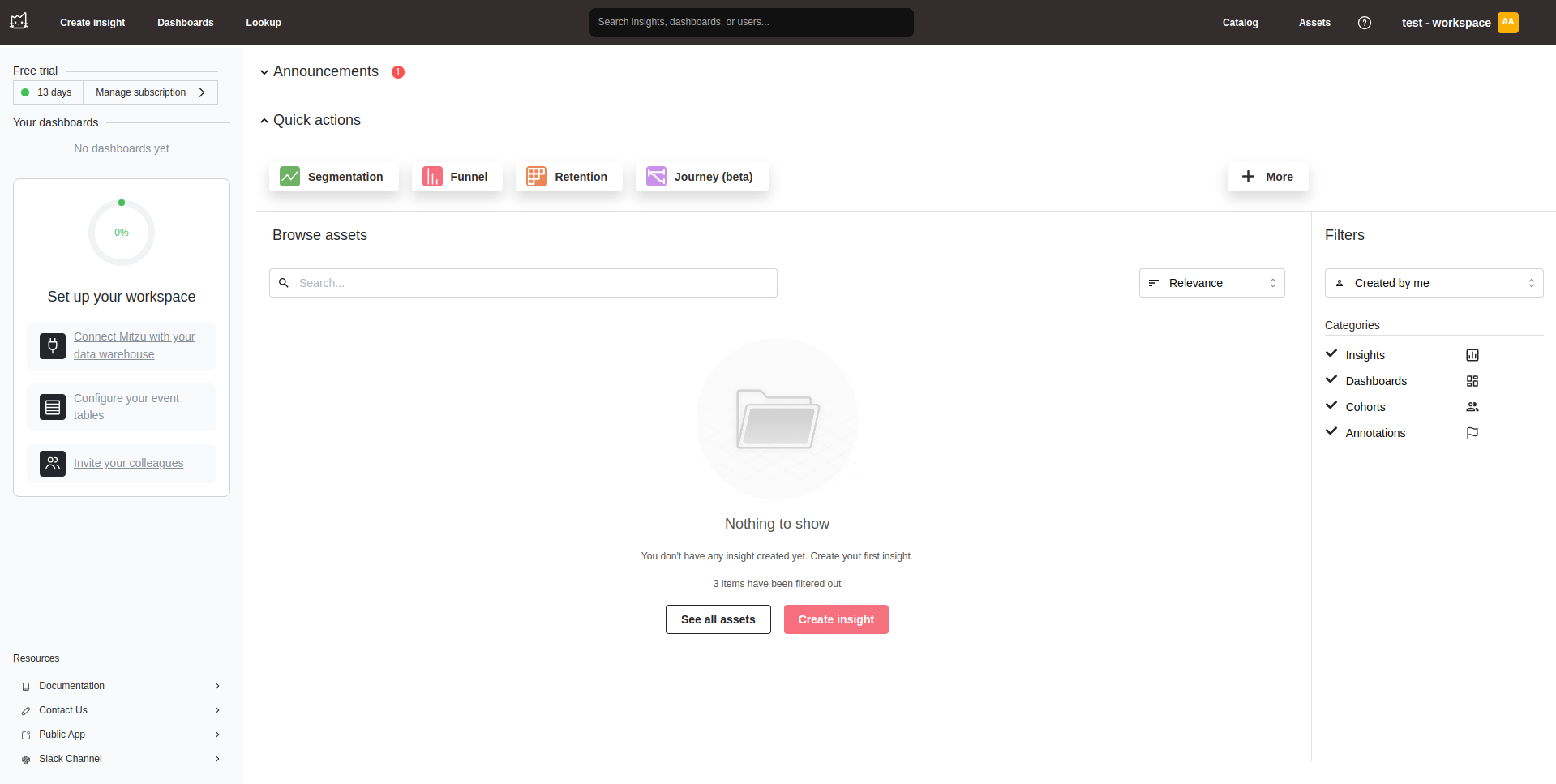 Mitzu workspace setup page showing onboarding steps - Zoomed