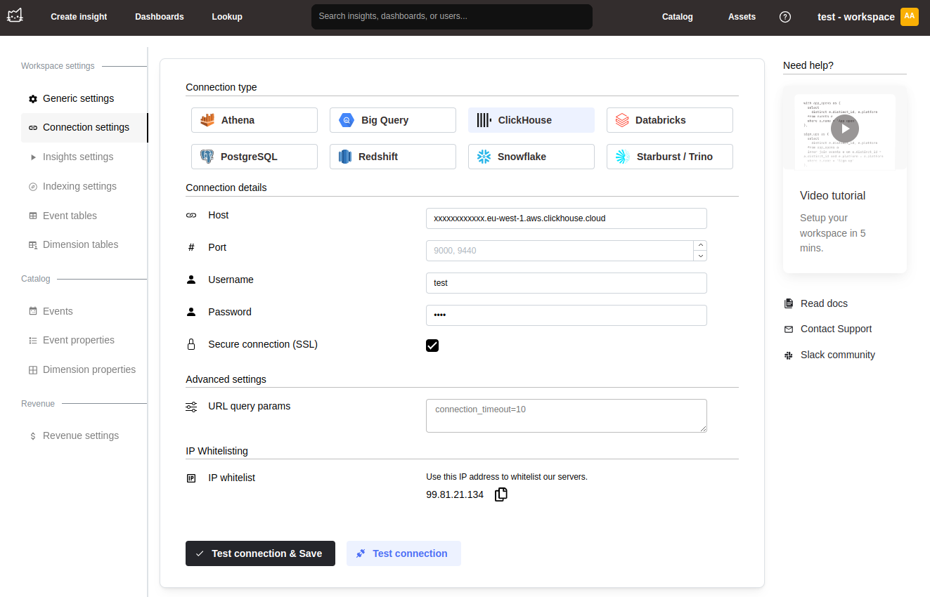 Mitzu connection setup page for ClickHouse with configuration form - Zoomed