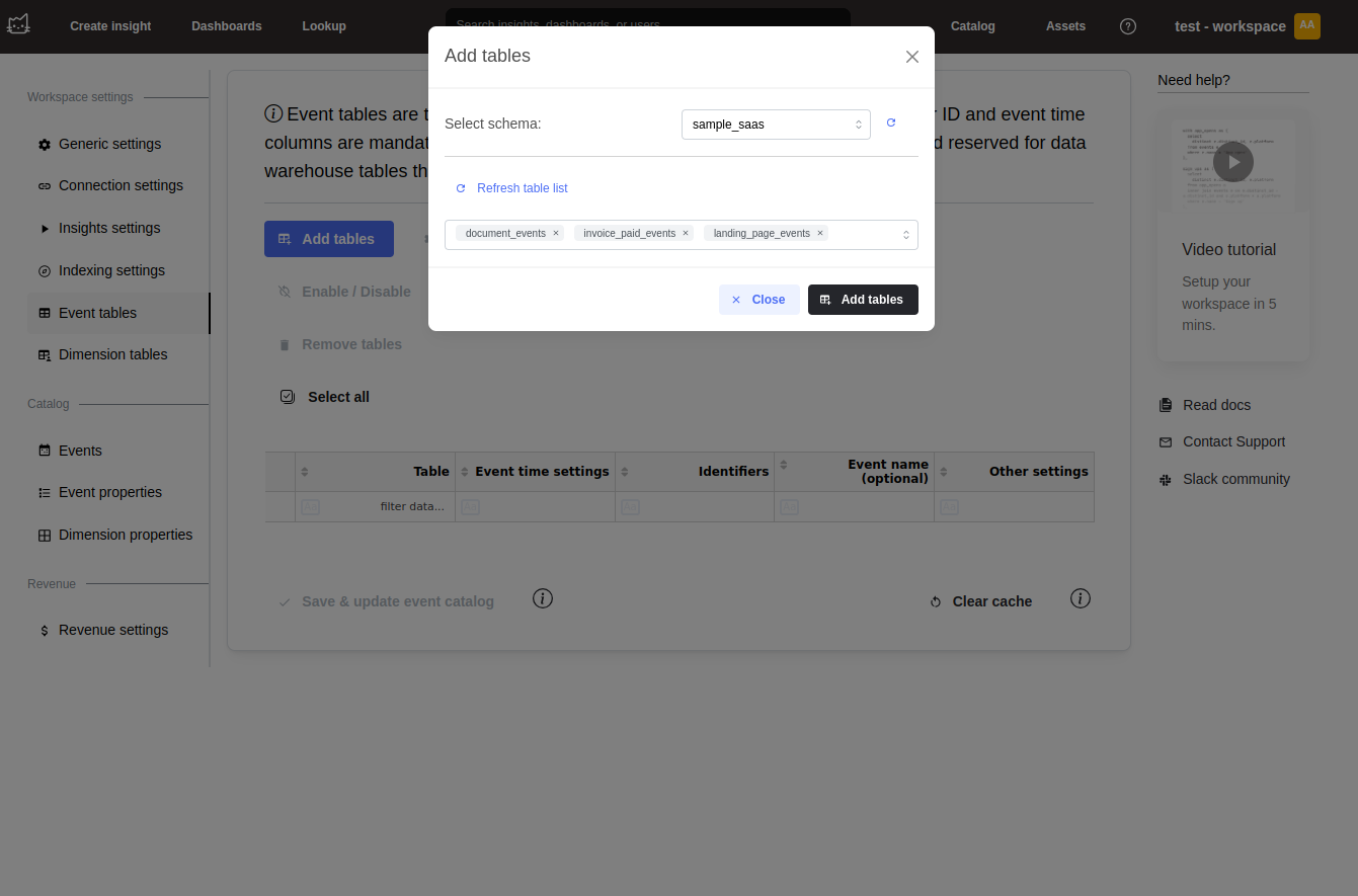 Mitzu table selection interface showing database tables - Zoomed