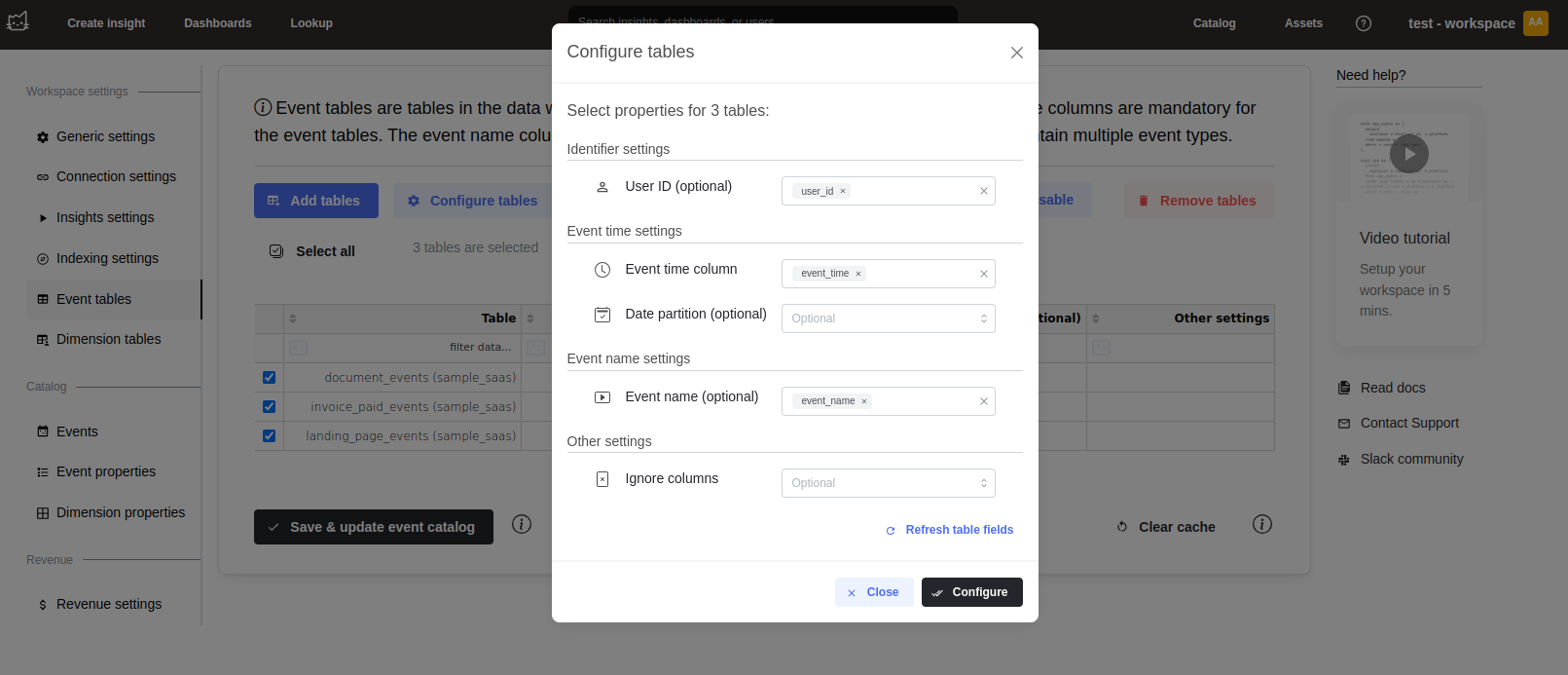Mitzu event catalog configuration showing column mapping options - Zoomed