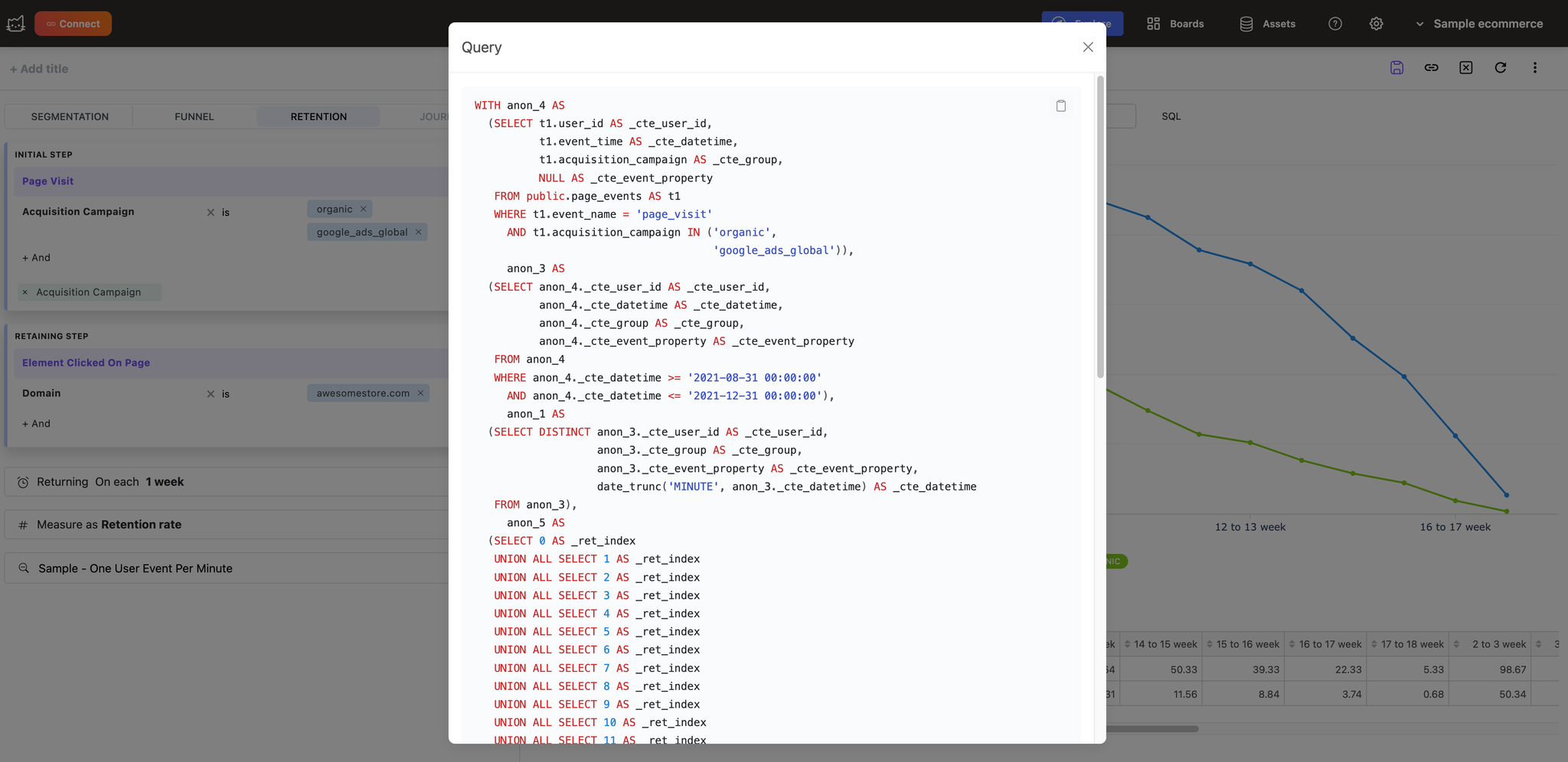 Mitzu SQL code generation view showing native ClickHouse query - Zoomed