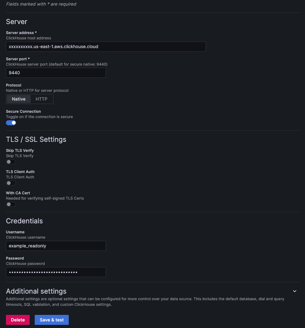 Connection configuration page - Zoomed